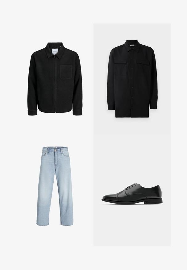 Black zip-up jacket with collar and single chest pocket, displayed on white background.; Black button-up shirt made of smooth fabric, featuring a classic collar, two front pockets, and long sleeves with button cuffs.; Light blue denim jeans with a high waist, wide leg, and a straight cut. Features classic button closure and five pocket design.; Black leather dress shoe with a rounded toe, lace-up design, subtle stitching details, and a low heel. Smooth texture with polished finish.