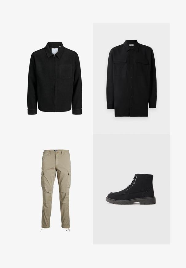 Mustaga lukuga jakker, millel on krae ja üks rinna-tasku, esitatud valgel taustal.; Mustmust värvi nööpidega särk, mis on valmistatud sujuvast kangast, klassikalise kraega, kahe eesmise tasku ja pikkade varrukatega, millel on nööpidega mansetid.; Jack & Jones JWHACE JJTUCKER ANA - Kargopüksid - dune; Mustad pahkluu saapad, valmistatud seemisnahast ja sünteetilisest materjalist. Ümar varvas, kuus metallist auguga paelaavaldust, paks kummist tald ja minimaalne tekstidetail.