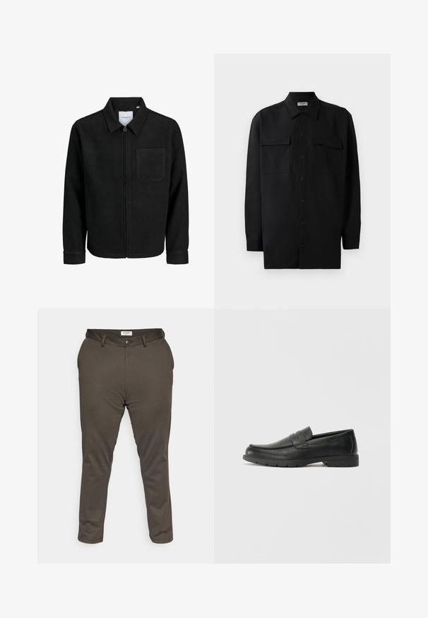 Black zip-up jacket with collar and single chest pocket, displayed on white background.; Black button-up shirt made of smooth fabric, featuring a classic collar, two front pockets, and long sleeves with button cuffs.; Jack & Jones JPSTMARCO JJCOOPER - Chinos - wren; Black leather loafers with a smooth finish, moccasin-style upper, stitched detailing, and a rubber sole. Classic design with a low heel.