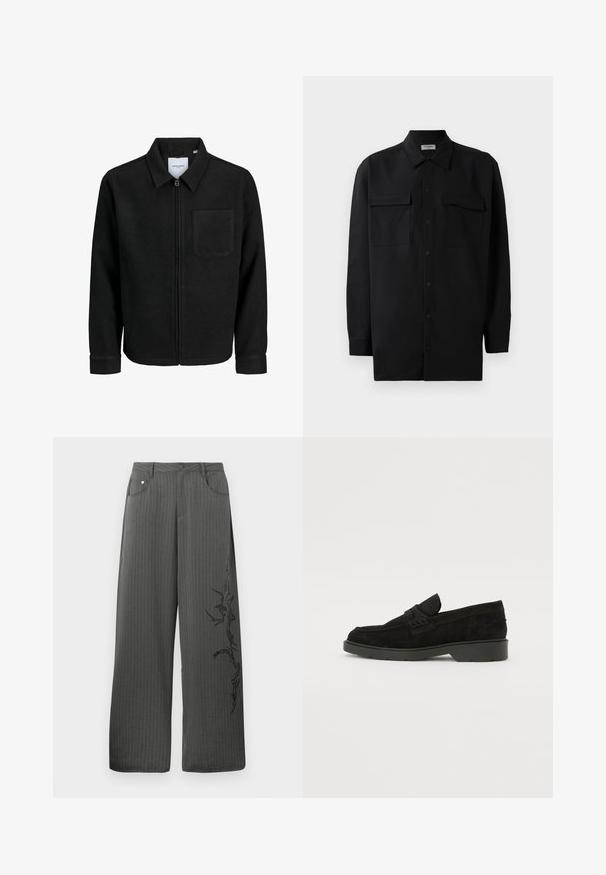 Juodas džemperis su užtrauktuku, apykakle ir vienu krūtiniu kišenėje, pristatytas baltame fone.; Juodas marškinis su mygtukais, pagamintas iš lygaus audinio, turi klasikinius apykaklės, du priekiniai kišeniai ir ilgus rankovės su mygtukais.; Tamsiai pilkos spalvos, pločio kojas pinstripe kelnės, turinčios priekinės kišenes ir juodą dekoratyvinį raštą kairėje pusėje.; Juodos suedes loafers su žemu kulnu, su paprasta juosta viršuje ir tekstūruota apdaila šonuose.