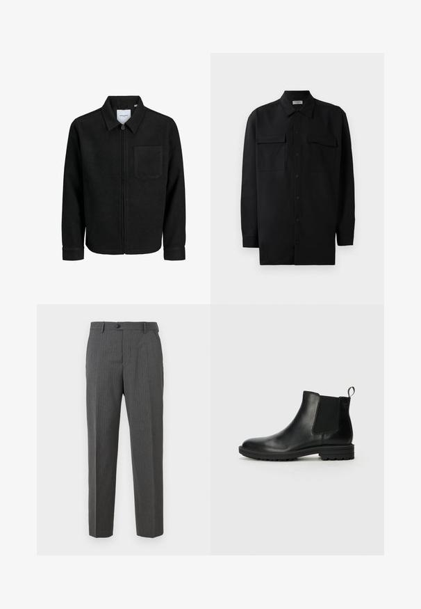 Čierna zipsová bunda s golierom a jednou náprsníkou, vystavená na bielom pozadí.; Čierna košeľa na gombíky vyrobená z hladkej tkaniny, so klasickým golierom, dvoma prednými vreckami a dlhými rukávmi s gombíkovými manžetami.; Pánske oblekové nohavice v charcoálovo sivej farbe s jemnými prúžkami, s gombíkovým zapínaním, pútkami na opasok a rovnými nohavicami na bielom pozadí.; Jack & Jones JFWHOSKINS - Klasické členkové čižmy - anthracite