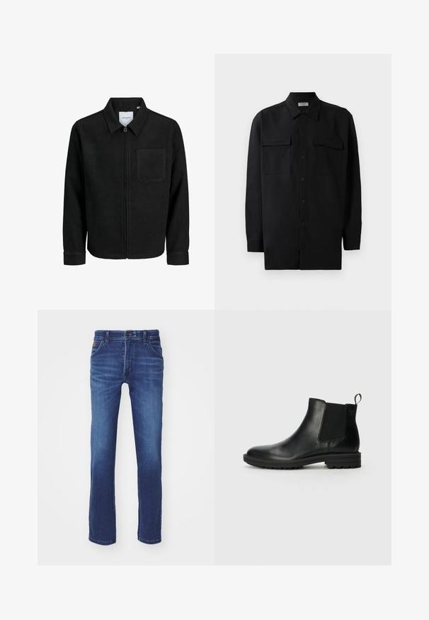 Černá zipová bunda s límečkem a jednou kapsou na hrudi, vystavená na bílém pozadí.; Černá košile na knoflíky vyrobená z hladké tkaniny, s klasickým límcem, dvěma předními kapsami a dlouhými rukávy s knoflíkovými manžetami.; Tmavě modré džíny z denimu se střihy rovného nohavice, obsahující přední kapsy, zapínání na knoflík a jemné vyblednutí na kolenou.; Jack & Jones JFWHOSKINS - Kotníkové boty - anthracite