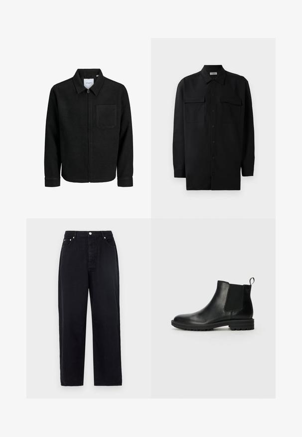 Veste zippée noire avec col et poche poitrine unique, présentée sur fond blanc.; Chemise noire à manches longues en tissu lisse, dotée d'un col classique, de deux poches devant et de poignets à boutons.; Jean large noir en denim. Doté d'une fermeture à bouton à l'avant, de deux poches latérales et d'un design classique à 5 poches. Texture lisse.; Jack & Jones JFWHOSKINS - Bottines - anthracite