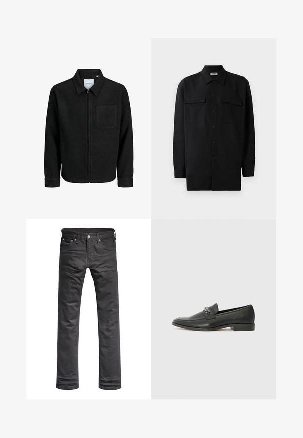 Schwarze Zip-Jacke mit Kragen und einer einzelnen Brusttasche, auf weißem Hintergrund präsentiert.; Schwarzes Hemd mit Knopfleiste aus glattem Stoff, das einen klassischen Kragen, zwei Brusttaschen und lange Ärmel mit Knopfmanschetten aufweist.; Schwarze Denim-Jeans mit klassischem geraden Beinschnitt. Mit Fronttaschen, Knopfverschluss und dezenten Stickdetails.; Schwarzer Lederloafer mit glatter Oberfläche, ausgestattet mit einer gesteppten Gestaltung und einem dekorativen Metallkettendetail über dem Vorderblatt. Flacher Absatz.