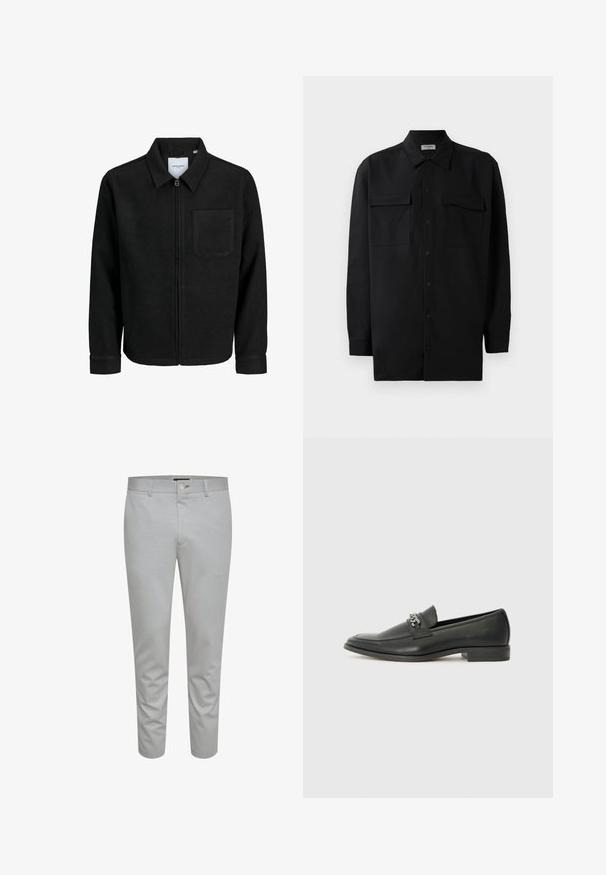 Fekete, zipzáros dzseki gallérral és egyetlen mellzsebbel, fehér háttéren.; Fekete gombos ing, sima anyagból készült, klasszikus gallérral, két elülső zsebbel és hosszú ujjakkal, amelyek gombos mandzsettával záródnak.; Világosszürke, szabott nadrág sima textúrával, gombos zárással, övhurkokkal és elülső zsebekkel. Rövidített bokáig érő kialakítás.; Fekete bőr loaferek sima felülettel, varrott mintával és díszítő fém lánccal a cipő elején. Lapos sarok.