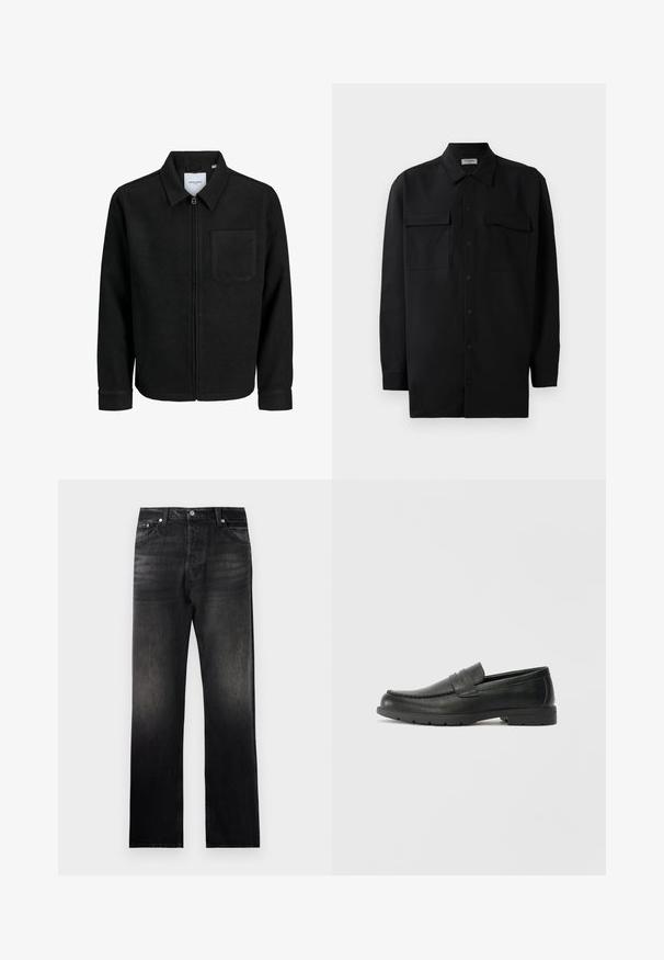 Veste zippée noire avec col et poche poitrine unique, présentée sur fond blanc.; Chemise noire à manches longues en tissu lisse, dotée d'un col classique, de deux poches devant et de poignets à boutons.; Jean en denim noir avec une coupe droite, présentant un effet dégradé usé, un design à cinq poches et des accents en métal.; Mocassins en cuir noir avec une finition lisse, tige de style moccasin, détails cousus et semelle en caoutchouc. Design classique avec un talon bas.