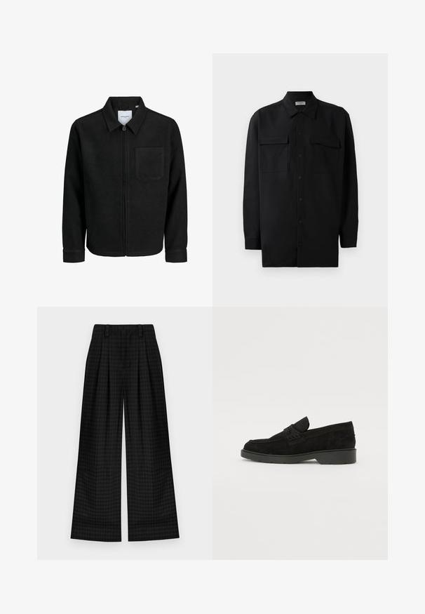 Musta vetoketjullinen takki, jossa on kaulus ja yksi rintatasku, esitelty valkoista taustaa vasten.; Musta napillinen paita, joka on valmistettu sileästä kankaasta. Paita sisältää klassisen kaulan, kaksi etutaskua ja pitkät hihat, joissa on nappivarat.; Mustat ruudulliset leveät housut, joissa on laskokset, sileä rakenne ja klassinen muotoilu. Kevyt kangas mukavuutta varten.; Musta mokkasiinipohja, jossa on matala korko, ja jonka päällä on yksinkertainen nauha sekä teksturoitu yksityiskohta sivuilla.