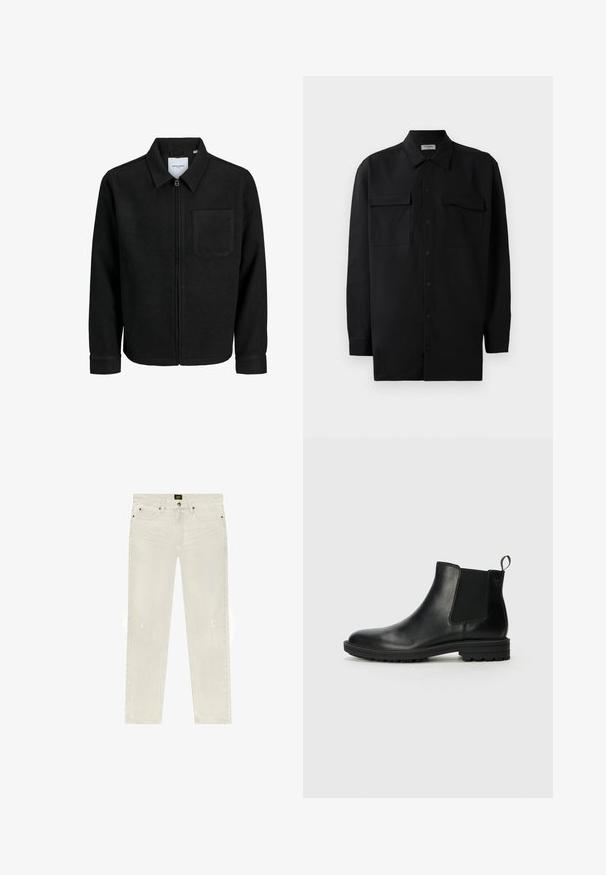 Musta vetoketjullinen takki, jossa on kaulus ja yksi rintatasku, esitelty valkoista taustaa vasten.; Musta napillinen paita, joka on valmistettu sileästä kankaasta. Paita sisältää klassisen kaulan, kaksi etutaskua ja pitkät hihat, joissa on nappivarat.; Valkoiset farkkulaahukset suoraan leikkausta, joissa on klassinen viiden taskun muotoilu, selvästi haalistuneita alueita ja minimaalisia kulutustekstejä.; Jack & Jones JFWHOSKINS - Klassiset nilkkurit - anthracite