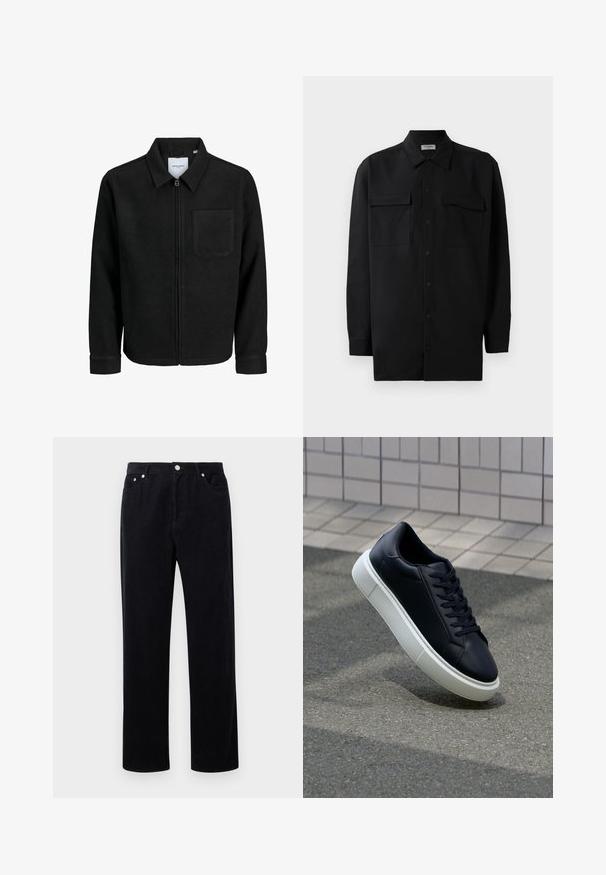 Black zip-up jacket with collar and single chest pocket, displayed on white background.; Black button-up shirt made of smooth fabric, featuring a classic collar, two front pockets, and long sleeves with button cuffs.; Black corduroy pants with a straight leg design, featuring a button and zipper closure, five pockets, and a soft, textured fabric.; Black leather sneaker with rounded toe and white rubber sole. Features flat laces and minimal stitching on the upper. Textured sole for grip.