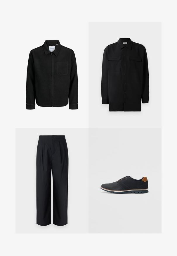 Black zip-up jacket with collar and single chest pocket, displayed on white background.; Black button-up shirt made of smooth fabric, featuring a classic collar, two front pockets, and long sleeves with button cuffs.; Black, wide-leg trousers with a high waist, featuring front pleats and a single button closure. Made of a smooth, lightweight fabric.; Black synthetic shoes with a textured upper, smooth accents, brown heel, and a contrasting sole. Features minimal lacing and stitch details.