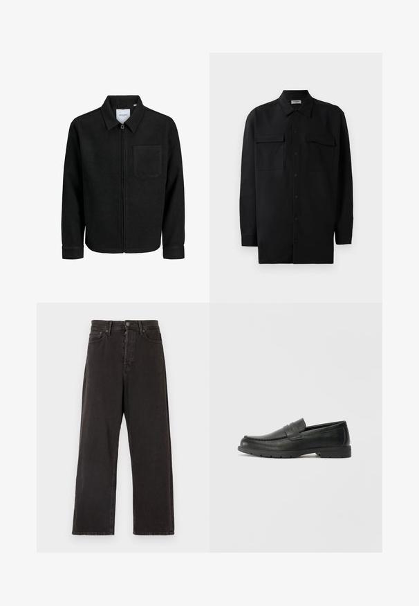 Melna jaka ar rāvējslēdzēju un apkakli, vienu krūšu kabatu, parādīta uz baltas fona.; Melnā pogu krekla, kas izgatavota no gludas auduma, ar klasisku apkakli, divām priekšējām kabatām un garām piedurknēm ar pogu aprocēm.; Melni platajā kāju džinsi, izgatavoti no denima, ar pogu un rāvējslēdzēju, jostas cilpām un sānu kabatām ar vieglu tekstūru.; Melnas ādas loafers ar gludu apdari, mokasīnu stila augšdaļu, šūtu detalizāciju un gumijas zoli. Klasisks dizains ar zemu papēdi.