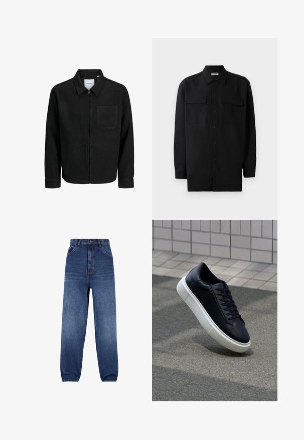 Crna jakna na zip s ovratnikom i jednim džepom na prsima, prikazana na bijeloj pozadini.; Crna košulja s dugim rukavima od glatkog materijala, s klasičnom kragnom, dva prednja džepa i dugmadima na manžetama.; Tamne traperice u tamnoplavoj boji. Visok struk s opuštenim krojem. Ima prednje džepove i suptilan efekt izbjeljivanja na nogama.; Crne kožne tenisice s zaobljenim vrhom i bijelim gumiranim potplatom. Imaju ravne vezice i minimalno šivanje na gornjem dijelu. Teksturirani potplat za bolje prianjanje.
