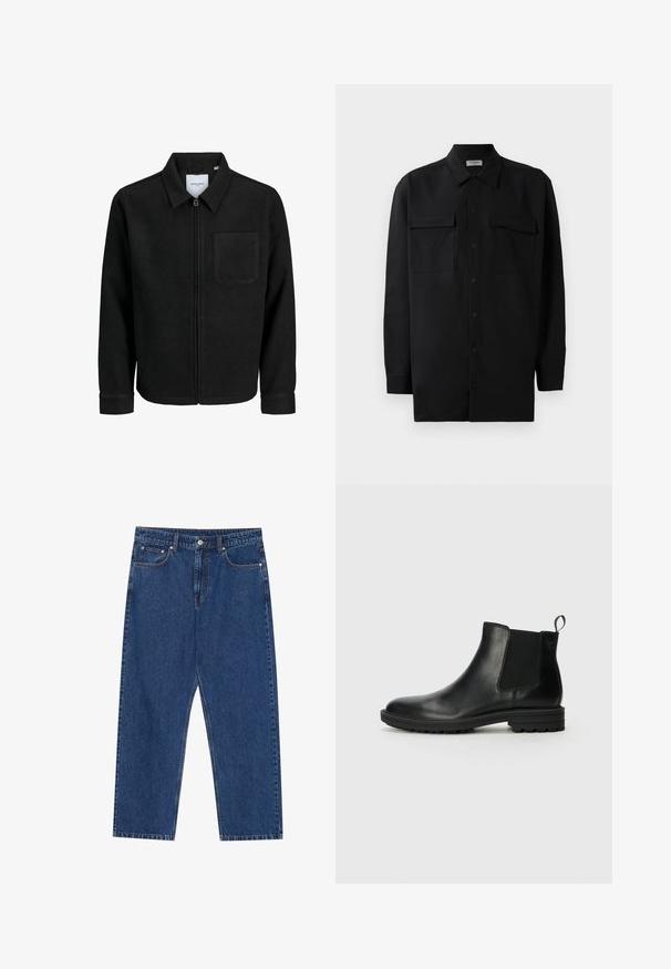 Černá zipová bunda s límečkem a jednou kapsou na hrudi, vystavená na bílém pozadí.; Černá košile na knoflíky vyrobená z hladké tkaniny, s klasickým límcem, dvěma předními kapsami a dlouhými rukávy s knoflíkovými manžetami.; Džínové kalhoty v tmavě modré barvě, s rovnými nohavicemi, předními kapsami a zapínáním na knoflík s kontrastním prošíváním.; Jack & Jones JFWHOSKINS - Kotníkové boty - anthracite
