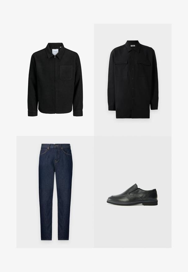 Black zip-up jacket with collar and single chest pocket, displayed on white background.; Black button-up shirt made of smooth fabric, featuring a classic collar, two front pockets, and long sleeves with button cuffs.; Dark blue denim jeans with a slim fit, featuring five pockets, a zip fly, and contrasting golden stitching. Smooth texture with a classic design.; Black leather slip-on shoe with a smooth upper, stitched accents, rounded toe, and a low rubber heel. Sole features minimal tread.