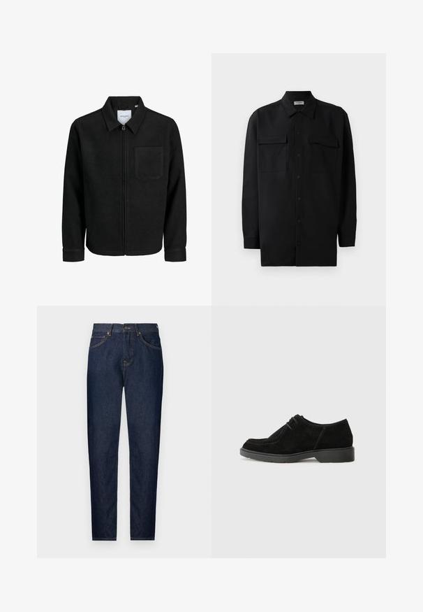 Giacca nera con zip, colletto e una tasca sul petto, mostrata su sfondo bianco.; Camicia nera con bottoni realizzata in tessuto morbido, dotata di colletto classico, due tasche frontali e maniche lunghe con polsini a bottone.; Jeans in denim blu scuro con una vestibilità slim, dotati di cinque tasche, chiusura con zip e cuciture dorate a contrasto. Texture liscia con un design classico.; Scarpa da uomo in suede nera con punta arrotondata, cuciture a contrasto e suola in gomma. Presenta una minimal laciatura e un design superiore liscio.