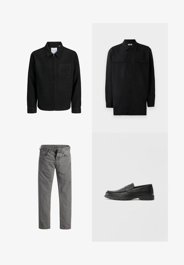 Jachetă neagră cu fermoar, cu guler și un singur buzunar pe piept, expusă pe fundal alb.; Cămașă neagră cu nasturi, confecționată dintr-un material neted, având un guler clasic, două buzunare frontale și mâneci lungi cu manșete cu nasturi.; Jeanși din denim gri, cu o croială dreaptă, închidere cu nasturi, cinci buzunare și un finisaj ușor decolorat. Talie standard cu bucle pentru curea.; Labeled cu oglindă din piele neagră cu un finisaj neted, partea superioară în stil mocasin, detalii cusute și o talpă din cauciuc. Design clasic cu un toc jos.