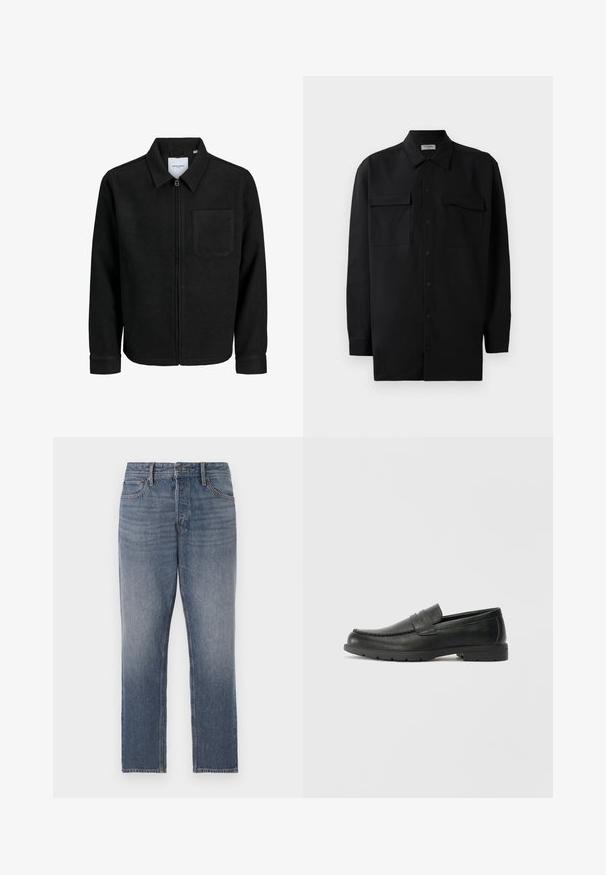 Črna jakna z zadrgo in ovratnikom ter enim žepom na prsih, prikazana na beli podlagi.; Črn srajčni zgornji del iz gladkega materiala, s klasičnim ovratnikom, dvema sprednjima žepoma in dolgimi rokavi z gumbi na manšetah.; Temno modri traper hlače, ravne nogavice, z obrabljenim prhanjem, pet žepov in bakrenimi dodatki. Čist, klasičen videz.; Črne usnjene loafer čevlje z gladko površino, zgornjim delom v slogu mokasin, šivanimi detajli in gumijastim podplatom. Klasična zasnova z nizko peto.