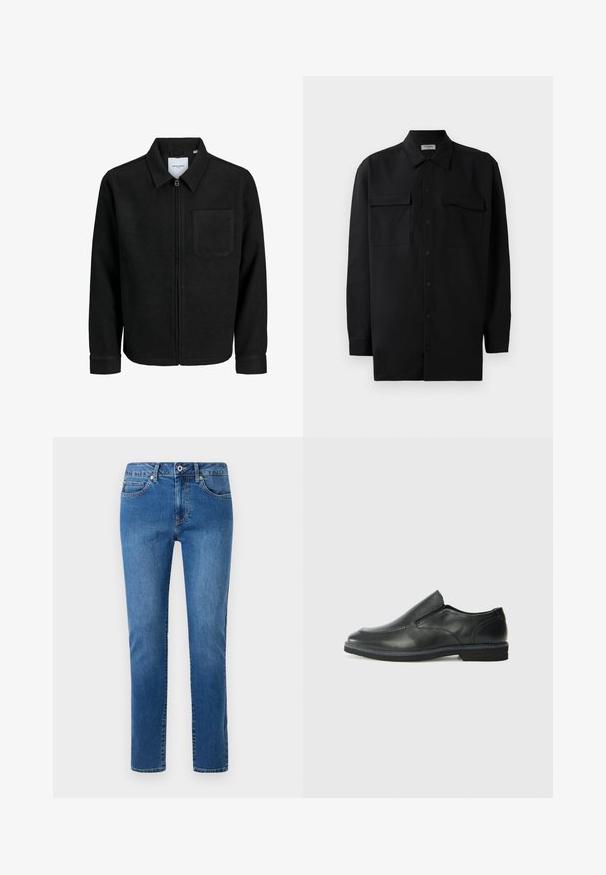 Czarna kurtka z zamkiem na całej długości, z kołnierzem i jedną kieszenią na piersi, umieszczona na białym tle.; Czarna koszula z guzikami wykonana z gładkiego materiału, z klasycznym kołnierzykiem, dwoma przednimi kieszeniami i długimi rękawami z mankietami na guziki.; Niebieskie dżinsy typu straight-leg, z pięcioma kieszeniami i zapięciem na guziki w talii. Zawierają detale przeszycia wzdłuż szwów.; Czarne skórzane buty wsuwane z gładką cholewką, przeszyciami, okrągłym noskiem i niskim gumowym obcasem. Podeszwa ma minimalny bieżnik.