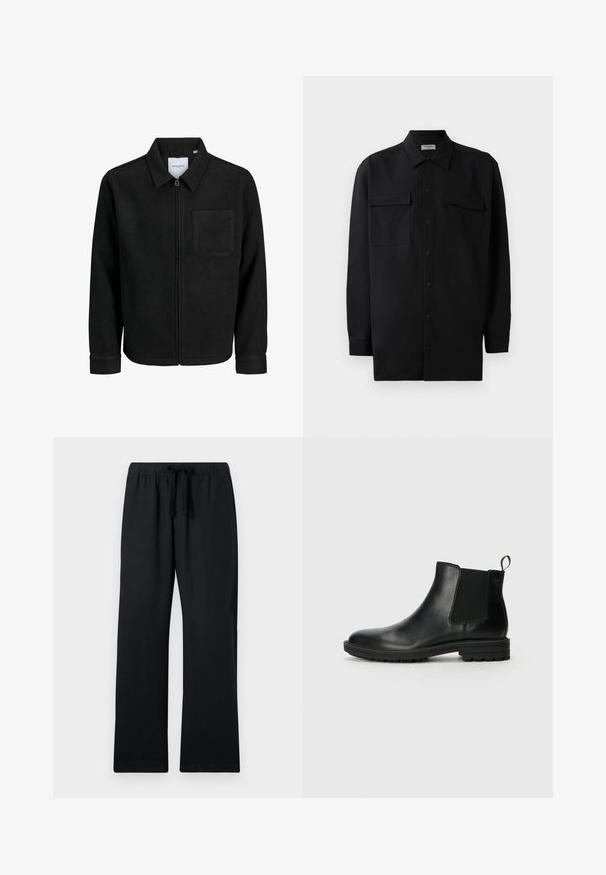 Schwarze Zip-Jacke mit Kragen und einer einzelnen Brusttasche, auf weißem Hintergrund präsentiert.; Schwarzes Hemd mit Knopfleiste aus glattem Stoff, das einen klassischen Kragen, zwei Brusttaschen und lange Ärmel mit Knopfmanschetten aufweist.; Schwarze, locker sitzende Hosen mit einem elastischen Bund und verstellbarem Kordelzug. Glattes Material, gerades Bein-Design und ohne Muster.; Jack & Jones JFWHOSKINS - Stiefelette - anthracite