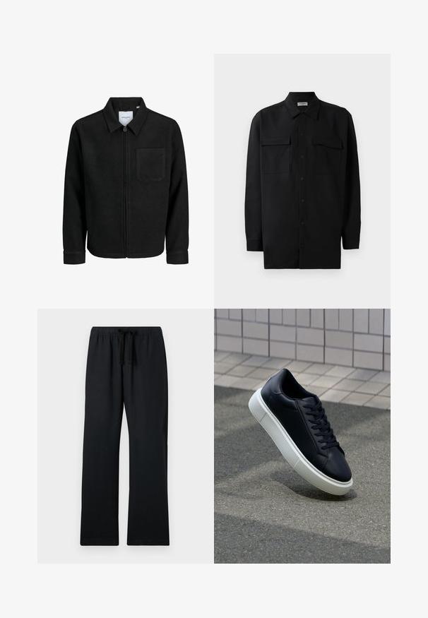 Black zip-up jacket with collar and single chest pocket, displayed on white background.; Black button-up shirt made of smooth fabric, featuring a classic collar, two front pockets, and long sleeves with button cuffs.; Black, loose-fitting pants with an elastic waistband and adjustable drawstring. Smooth fabric, straight leg design, and no patterns.; Black leather sneaker with rounded toe and white rubber sole. Features flat laces and minimal stitching on the upper. Textured sole for grip.