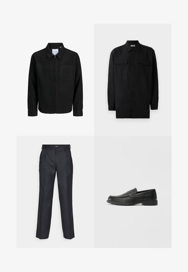 Crna jakna na zip s ovratnikom i jednim džepom na prsima, prikazana na bijeloj pozadini.; Crna košulja s dugim rukavima od glatkog materijala, s klasičnom kragnom, dva prednja džepa i dugmadima na manžetama.; Tamno plave krojene hlače s nabranim detaljima, izrađene od glatkog materijala. Imaju kopčanje na dugme i petlje za remen. Čist, ravni kroj.; Crne kožne mokasine s glatkom površinom, gornji dio u stilu mokasina, ojačani šavovi i gumeni potplat. Klasičan dizajn s niskom petom.