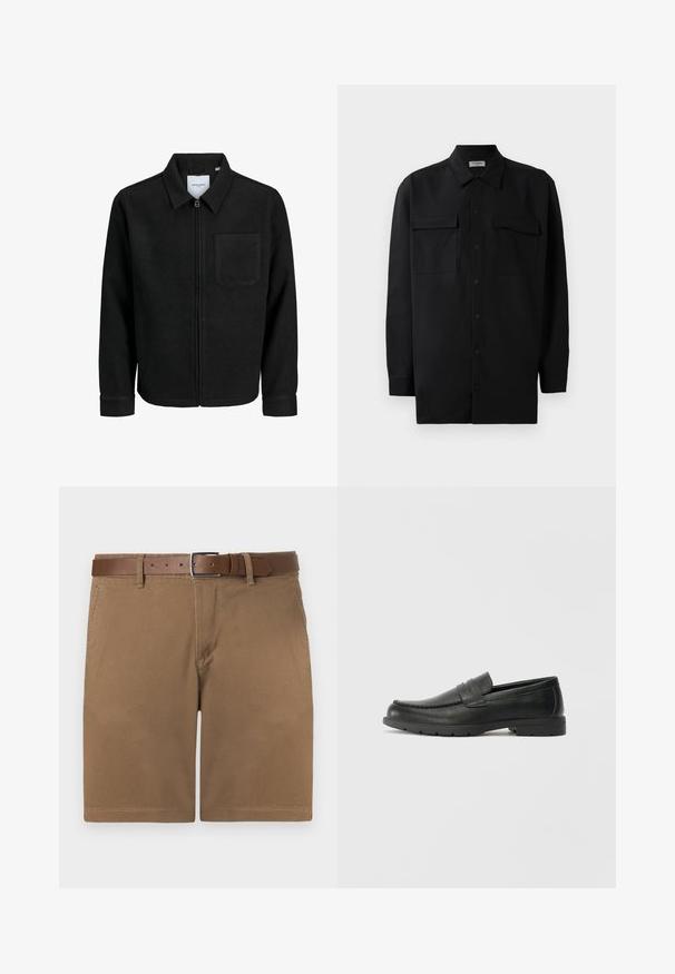 Black zip-up jacket with collar and single chest pocket, displayed on white background.; Black button-up shirt made of smooth fabric, featuring a classic collar, two front pockets, and long sleeves with button cuffs.; Brown cotton shorts with a textured surface, featuring a brown leather belt with a silver-toned buckle and classic straight cut.; Black leather loafers with a smooth finish, moccasin-style upper, stitched detailing, and a rubber sole. Classic design with a low heel.