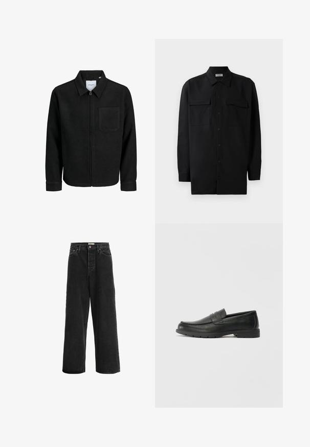 Črna jakna z zadrgo in ovratnikom ter enim žepom na prsih, prikazana na beli podlagi.; Črn srajčni zgornji del iz gladkega materiala, s klasičnim ovratnikom, dvema sprednjima žepoma in dolgimi rokavi z gumbi na manšetah.; Črne široke kavbojke iz denima. Imajo visok pas, dva sprednja žepa, gumbasto zapiranje in subtilne detajle šivanja.; Črne usnjene loafer čevlje z gladko površino, zgornjim delom v slogu mokasin, šivanimi detajli in gumijastim podplatom. Klasična zasnova z nizko peto.