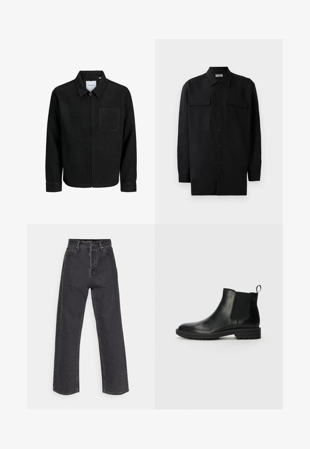 Veste zippée noire avec col et poche poitrine unique, présentée sur fond blanc.; Chemise noire à manches longues en tissu lisse, dotée d'un col classique, de deux poches devant et de poignets à boutons.; Jeans taille haute, jambe droite en denim gris foncé, avec un design classique à cinq poches et des coutures contrastantes sur les seams.; Jack & Jones JFWHOSKINS - Bottines - anthracite