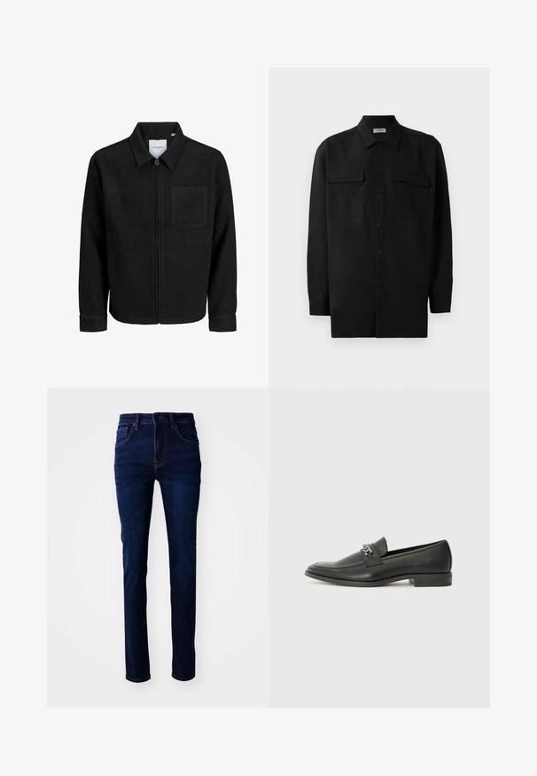 Mustaga lukuga jakker, millel on krae ja üks rinna-tasku, esitatud valgel taustal.; Mustmust värvi nööpidega särk, mis on valmistatud sujuvast kangast, klassikalise kraega, kahe eesmise tasku ja pikkade varrukatega, millel on nööpidega mansetid.; Tumedad denim püksid, millel on sirge lõige, viie tasku disain ja peen brodering. Kanga tekstuur on sile.; Must haveate nahkking punased, millel on sile viimistlus, tikitud muster ja dekoratiivne metallkett vampi üle. Tasane konts.