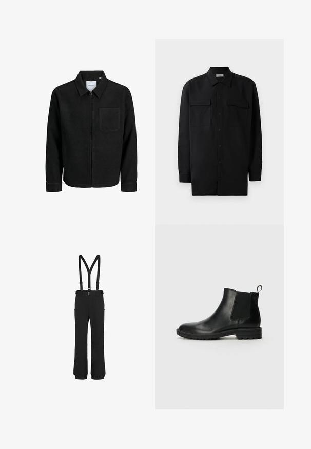 Mustaga lukuga jakker, millel on krae ja üks rinna-tasku, esitatud valgel taustal.; Mustmust värvi nööpidega särk, mis on valmistatud sujuvast kangast, klassikalise kraega, kahe eesmise tasku ja pikkade varrukatega, millel on nööpidega mansetid.; Mustad mustad püksid reguleeritavate rihmadega, esiküljel tõmblukk, külgmised tõmblukuga taskud ning elastsed mansetid hemil, et tagada kindel istuvus.; Jack & Jones JFWHOSKINS - Klassikalised poolsaapad - anthracite