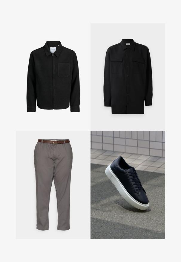 Melna jaka ar rāvējslēdzēju un apkakli, vienu krūšu kabatu, parādīta uz baltas fona.; Melnā pogu krekla, kas izgatavota no gludas auduma, ar klasisku apkakli, divām priekšējām kabatām un garām piedurknēm ar pogu aprocēm.; Pelēki bikses ar brīvu piegriezumu, kurām ir brūns ādas josts, sānu kabatas un gluda auduma tekstūra. Apgrieztas pie potītēm.; Melnas ādas kedas ar noapaļotu pirkstu un baltu gumijas zoli. Iespējas - plakanas šņorītes un minimāla apdare augšdaļā. Struktūrēta zole, lai nodrošinātu saķeri.