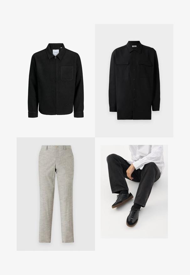 Giacca nera con zip, colletto e una tasca sul petto, mostrata su sfondo bianco.; Camicia nera con bottoni realizzata in tessuto morbido, dotata di colletto classico, due tasche frontali e maniche lunghe con polsini a bottone.; Pantaloni grigi chiari in tessuto testurizzato, con vita piatta, zip e chiusura con un singolo bottone. Vestibilità slim tailored con gambe dritte.; Sneaker nere con una tomaia liscia e testurizzata, con suola in gomma e lacci scuri. Abbinati a jeans neri e una camicia bianca a righe.