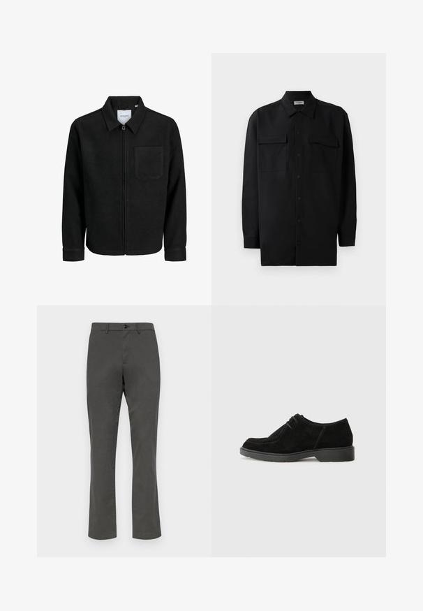 Chaqueta negra con cremallera y cuello, con un solo bolsillo en el pecho, expuesta sobre un fondo blanco.; Camisa negra de botones, fabricada en tejido suave, con un cuello clásico, dos bolsillos delanteros y mangas largas con puños de botón.; GAP SLIM PERFORMANCE STRETCH - Pantalones chinos - soft black; Zapato de vestir de ante negro con punta redondeada, costuras en contraste y una suela de goma. Cuenta con un cordón mínimo y un diseño de parte superior suave.