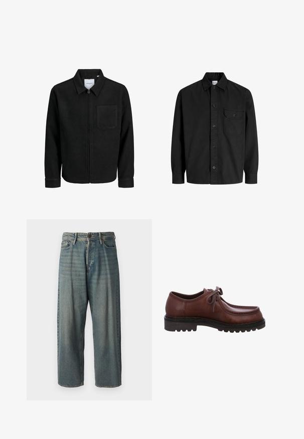 Veste zippée noire avec col et poche poitrine unique, présentée sur fond blanc.; Chemise noire à manches longues, avec boutons, col et poche poitrine simple dotée d'un rabat à bouton.; Jeans en denim bleu clair avec une coupe ample, taille mi-haute et jambes droites. Comprend cinq poches, des passants de ceinture et une fermeture à bouton.; Chaussures en cuir marron avec un bout arrondi, des coutures décoratives, un laçage et une semelle épaisse et robuste. Elles présentent une texture lisse.