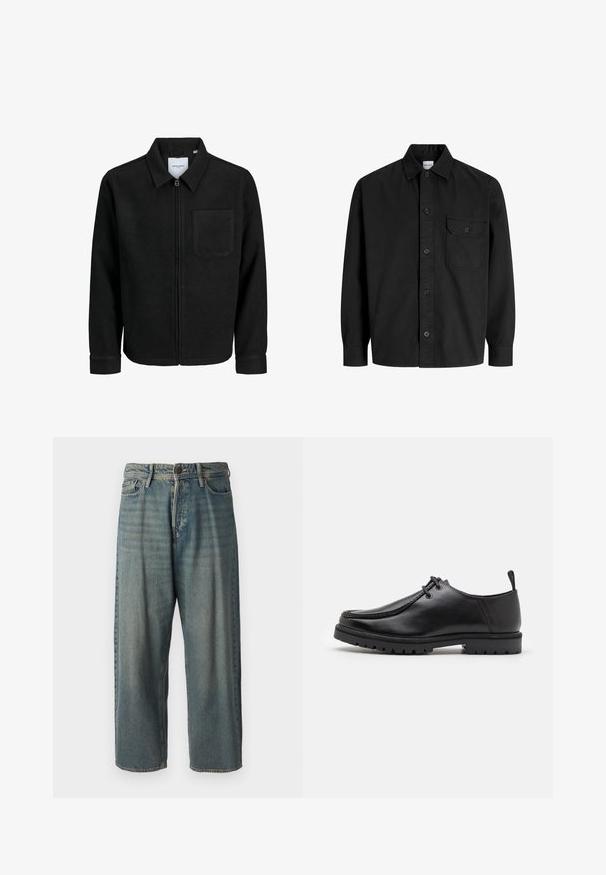 Črna jakna z zadrgo in ovratnikom ter enim žepom na prsih, prikazana na beli podlagi.; Črna dolga srajca s poudarjeno zapenjanjem in ovratnikom, ki ima en sam žep na prsih s pokrovčkom na gumb.; Svetlomoderne kavbojke z ohlapnim krojem, srednjim pasom in ravnimi nogami. Imajo pet žepov, zanke za pas in zapiranje na gumb.; Črne usnjene čevlje na vezanje z robustnim podplatom in zanko na peti, prikazani s strani na beli podlagi.