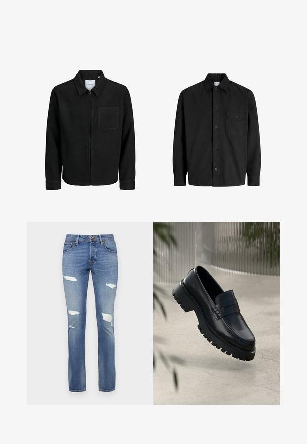 Černá zipová bunda s límečkem a jednou kapsou na hrudi, vystavená na bílém pozadí.; Černá košile s dlouhým rukávem a knoflíkovým zapínáním, s límečkem a jednou náprsní kapsou, která má knoflíkový klapku.; Modré denimové džíny s mírně vybledlým povrchem, mají několik distressed trhlin a rovný střih nohavic. Zapínání na knoflík v pase.; Černé kožené mokasíny s robustní podrážkou, s ozdobným páskem a detailem prošívání. Hladký povrch s lesklým finišem.