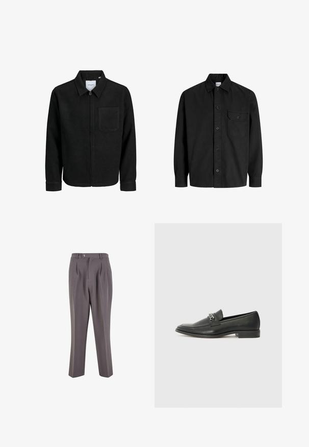 Črna jakna z zadrgo in ovratnikom ter enim žepom na prsih, prikazana na beli podlagi.; Črna dolga srajca s poudarjeno zapenjanjem in ovratnikom, ki ima en sam žep na prsih s pokrovčkom na gumb.; Sive nabrane hlače iz gladkega materiala, ki imajo ravno nogavico, en gumb za zapiranje in poševne stranske žepe.; Črni usnjeni loafer z gladko površino, ki ima šivano zasnovo in dekorativni kovinski verižni naglas preko vampirja. Ravno peto.
