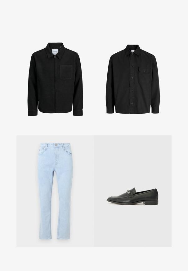 Mustaga lukuga jakker, millel on krae ja üks rinna-tasku, esitatud valgel taustal.; Must mustaheline nööbiga särgid, millel on krae ja üks rinna tasku, millel on nööbiga klapp.; Heledad sinine teksapüksid sirge lõikega, viie taskuga, pleekinud tekstuuriga ja metallist nööpidega vööl.; Must haveate nahkking punased, millel on sile viimistlus, tikitud muster ja dekoratiivne metallkett vampi üle. Tasane konts.