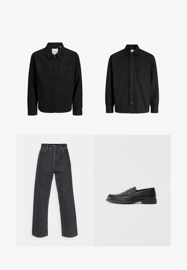 Juodas džemperis su užtrauktuku, apykakle ir vienu krūtiniu kišenėje, pristatytas baltame fone.; Juodas ilgarankovis marškiniai su apykakle ir viena krūtinės kišenė su mygtukiniu dangteliu.; Aukštos talijos, tiesūs džinsai tamsiai pilkos spalvos, su klasikinio penkių kišenių dizainu ir kontrastingomis siūlėmis.; Juodai odiniai loaferiai su sklandžiu paviršiumi, mokasino stiliaus viršus, siuvinėjimu ir guminėmis padangomis. Klasikinis dizainas su žemu kulnu.