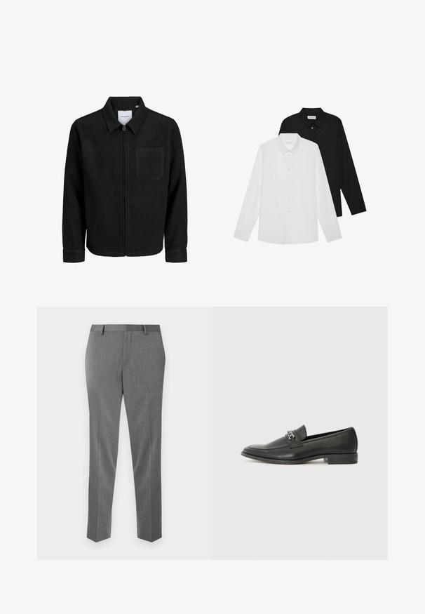Čierna zipsová bunda s golierom a jednou náprsníkou, vystavená na bielom pozadí.; Biele a čierne košele s dlhým rukávom, so špicatým golierom, prednými gombíkmi a hladkou textúrou látky. Štítky sú viditeľné na vnútornej strane goliera.; Šedé nohavice na mieru s jemnou herringbonovou textúrou, rovný strih a pútka na opasok. Majú prežehlené záhyby pre upravený vzhľad.; Čierne kožené loafers s hladkým povrchom, s prešitým dizajnom a dekoratívnym kovovým reťazovým akcentom cez priehlavok. Plochý podpätok.
