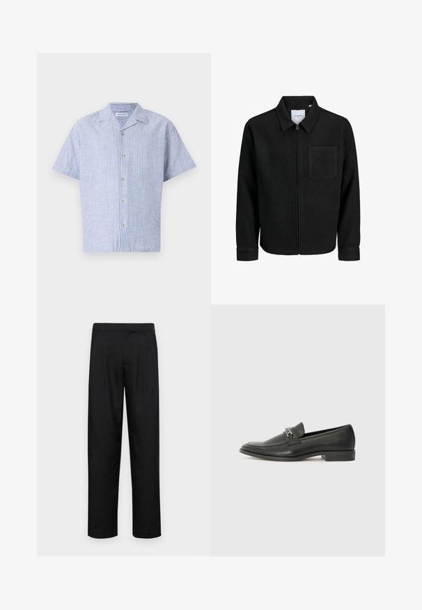 Zwarte zip-up jas met kraag en enkele borstzak, weergegeven op een witte achtergrond.; Korte mouwen shirt in blauw en witte verticale strepen, met een kraag en een sluiting met vijf knopen, gemaakt van lichte stof.; Zwarte broeken van gladde stof, met een recht model, twee voorknikken en een standaard tailleband met riemlussen.; Zwarte leren instapper met een gladde afwerking, voorzien van een gestikt ontwerp en een decoratieve metalen kettingaccent over de wreef. Platte hak.