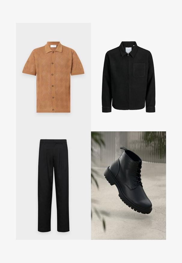 Črna jakna z zadrgo in ovratnikom ter enim žepom na prsih, prikazana na beli podlagi.; Srajca s kratkimi rokavi iz svetlo rjavega pletenega materiala z diamantnimi vzorci, featuring ovratnik in gumbasto zapiranje spredaj z rjavimi gumbi.; Črne hlače iz gladkega materiala, s krojem ravne noge, dvema sprednjima pregiboma in standardnim pasom z zankami za pas.; Črne usnjene gležnjarje z zaobljenim nosom, s vezalkami in trdim gumijastim podplatom. Gladka tekstura z zanko na hrbtni strani.
