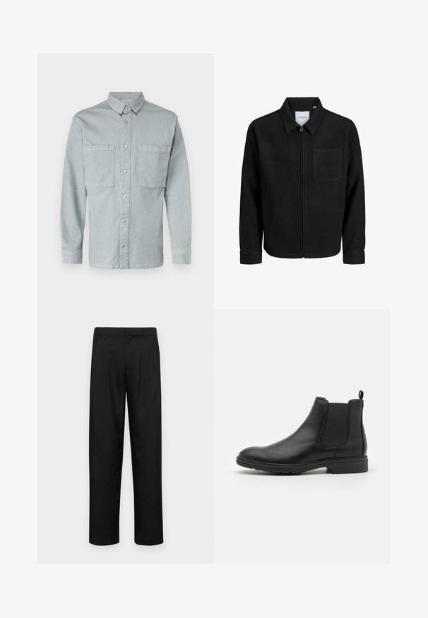 Mustaga lukuga jakker, millel on krae ja üks rinna-tasku, esitatud valgel taustal.; Heledsinine denimist särk pika varrukaga, nööbid ette, kaks rinnaTaskut ja Hõbedased nupud. Klassikaline krae ja sirge lõige.; Mustad mustadest riietest, millel on sirge jalgade disain, kaks eesmist voltimist ja tavaline vöökoht, millel on vöökohad.; Mustat nahast Chelsea saapad elastsete külgpaneelide ja tõmbeotsaga, ümarate varvaste ja tekstuurse kummitaldiga.