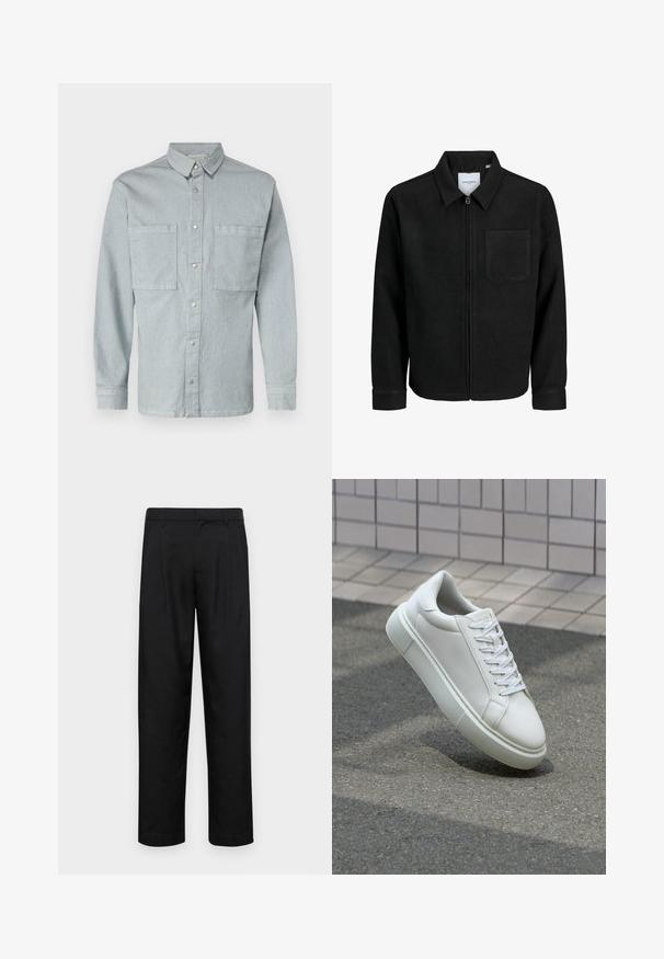 Zwarte zip-up jas met kraag en enkele borstzak, weergegeven op een witte achtergrond.; Lichtblauwe denim overhemd met lange mouwen, knoopsluiting aan de voorkant, twee borstzakken en zilveren drukknoopjes. Klassieke kraag en rechte snit.; Zwarte broeken van gladde stof, met een recht model, twee voorknikken en een standaard tailleband met riemlussen.; Witte leren sneaker met een glad oppervlak, ronde neus en platte witte veters. Voorzien van een gestructureerde rubberen zool en minimale ontwerpelementen.