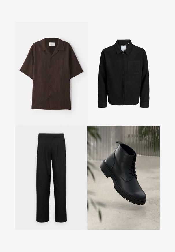 Schwarze Zip-Jacke mit Kragen und einer einzelnen Brusttasche, auf weißem Hintergrund präsentiert.; Kurzarm-Hemd mit Knopfleiste aus braunem Stoff und flachem Kragen. Hat eine lockere Passform und eine dezente Textur. Keine sichtbaren Muster oder Akzente.; Schwarze Hose aus glattem Stoff, mit geradem Bein Design, zwei vorderen Falten und einem Standardbund mit Gürtelschlaufen.; Schwarze Lederstiefeletten mit runder Zehenform, Schnürdesign und robustem Gummisohle. Glatte Textur mit einer Zuglasche an der Rückseite.