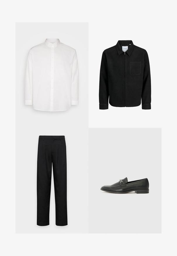 Black zip-up jacket with collar and single chest pocket, displayed on white background.; Pier One Shirt - white; Black trousers made of smooth fabric, featuring a straight-leg design, two front pleats, and standard waistband with belt loops.; Black leather loafer with a smooth finish, featuring a stitched design and a decorative metal chain accent across the vamp. Flat heel.