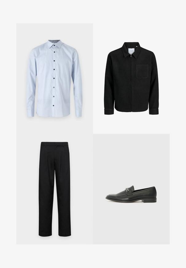 Giacca nera con zip, colletto e una tasca sul petto, mostrata su sfondo bianco.; Camicia azzurra chiara a maniche lunghe con colletto button-down, bottoni neri e colletto interno a fantasia. Tessuto morbido, vestibilità sartoriale.; Pantaloni neri realizzati in tessuto liscio, caratterizzati da un taglio dritto, due pieghe frontali e una vita standard con passanti per la cintura.; Mocassino in pelle nera con finitura liscia, caratterizzato da un design cucito e da un accento decorativo in catena metallica sul vamp. Tacco piatto.