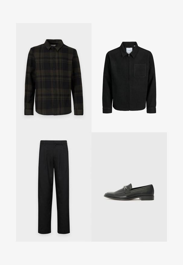 Svart zip-jacka med krage och en enda bröstficka, visad på vit bakgrund.; Svart och mörkgrön rutig skjorta i tyg, med knäppning fram, långa ärmar och klassisk krage.; Svarta byxor i slät väv, med rak ben-design, två framfickor och standardmidja med bälteshällor.; Svart läderloafers med en slät yta, med en sydd design och en dekorativ metallkedjeaccent över västen. Platt häldesign.