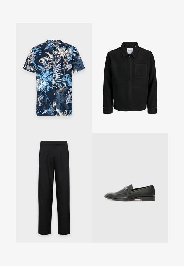 Melna jaka ar rāvējslēdzēju un apkakli, vienu krūšu kabatu, parādīta uz baltas fona.; Krekliņš ar īsām piedurknēm, kuram ir tumši zilas krāsas fons ar tropiskām gaismām, kurās ir gaiši zilas palmas un krāsaini putni. Ar pogu uz leju kolu.; Melnas bikses, izgatavotas no gludas auduma, ar taisnu kāju dizainu, divām priekšējām krokām un standarta jostu, kurai ir āķi.; Melna ādas loafer izmēra apavi ar gludu virsmu, piedāvā ar šūtu dizainu un dekoratīvu metāla ķēdes akcentu pār vampu. Plakana papēža daļa.