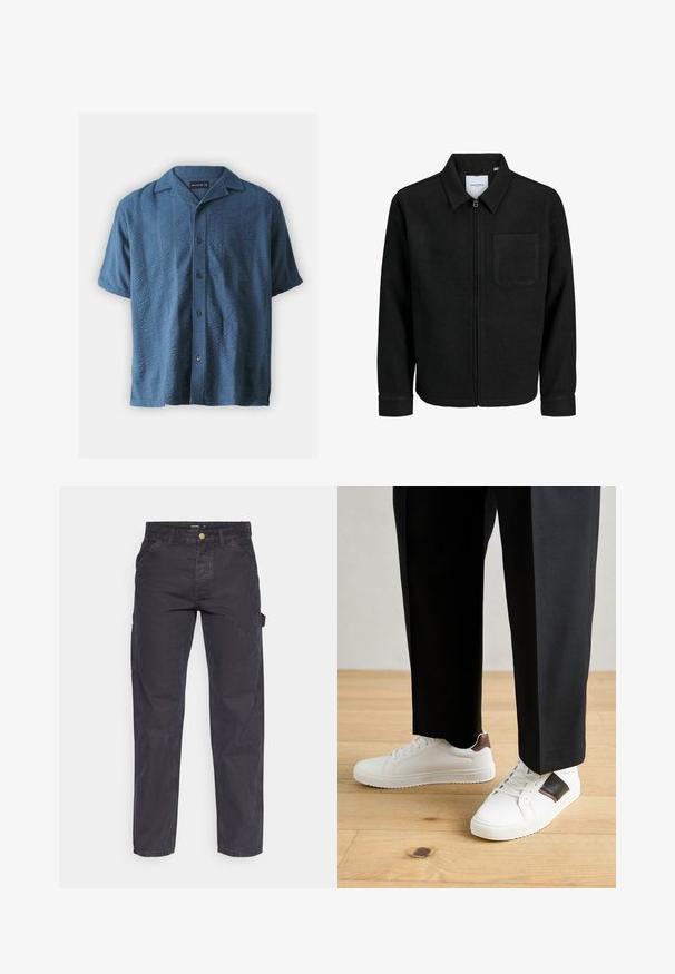 Giacca nera con zip, colletto e una tasca sul petto, mostrata su sfondo bianco.; Abercrombie & Fitch Camicia - blue; Pantaloni cargo grigio scuro realizzati in tessuto resistente, con un taglio dritto, cinque tasche e chiusura a bottoni in vita.; Sneakers bianchi dalla texture liscia, con dettagli in pelle marrone e particolari neri, abbinati a pantaloni neri su misura. Sfondo in parquet.